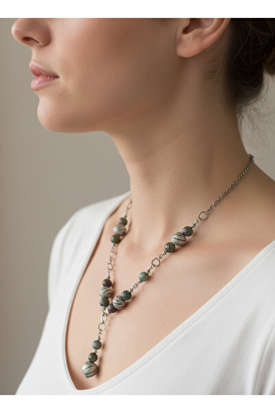 NERYMAN DOĞAL TAŞ, YOSUNLU AKİK (MOSS AGATE) İLE TASARLANMIŞ ŞIK KOLYE