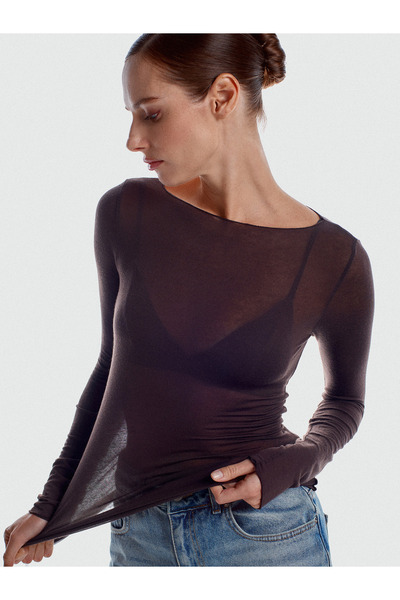 Dilvin 32122 Μπλούζα με λαιμόκοψη καγιάκ Modal Cashmere Ultra Light-Καφέ