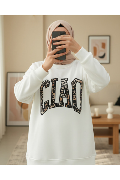 Modamorfo Σετ φούτερ με τρεις κλωστές με λεπτομέρεια με λεοπάρ σχέδιο στο μπροστινό μέρος - Λευκό