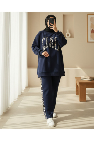 Modamorfo Σετ Φούτερ με τρεις κλωστές με λεπτομέρεια με λεοπάρ σχέδιο στο μπροστινό μέρος - Ναυτικό