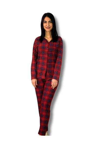 YusGos Women's Plaid Patterned Suede Buttoned Pajama Set (Red) Red 2XL