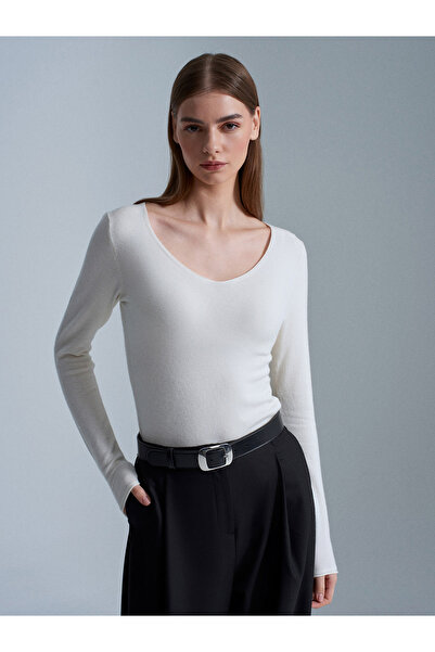 Dilvin 10842 Pulover din amestec de cașmir cu decolteu în V-Ecru