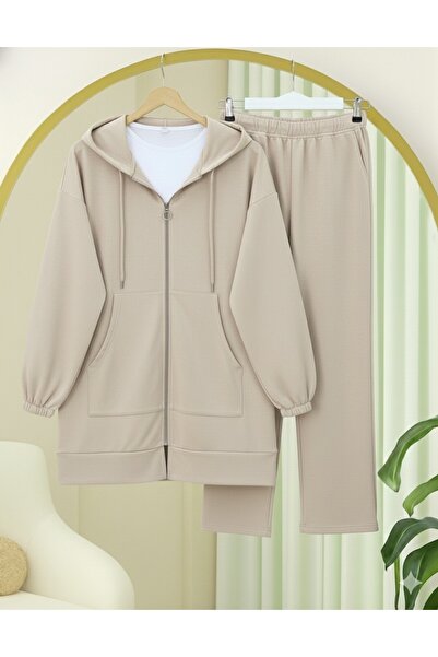 Modamorfo Kapucnis cipzáras fésült pamut öltöny - világos nerc