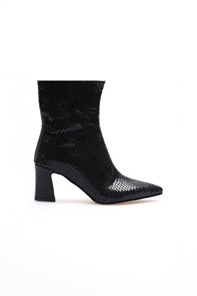 marchéo حذاء ناديا النسائي الشتوي ذو الكعب السميك باللون الأسود من جلد التمساح