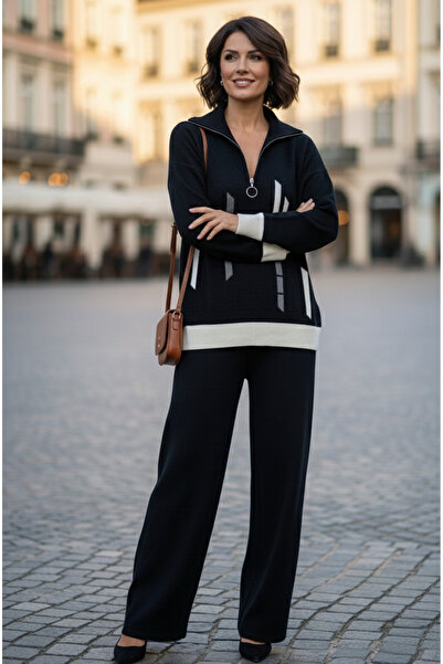 YusGos Women's Vertical Stripe Patterned Zippered Collar Bottom Top Pants Sweater Knitwear Set