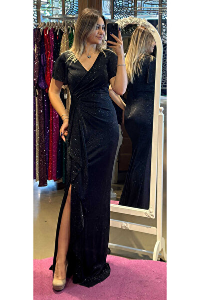 Abiyeniall Siyah Kısa Kollu Yırtmaçlı Düz Kesim Simli Uzun Abiye Elbise 7439