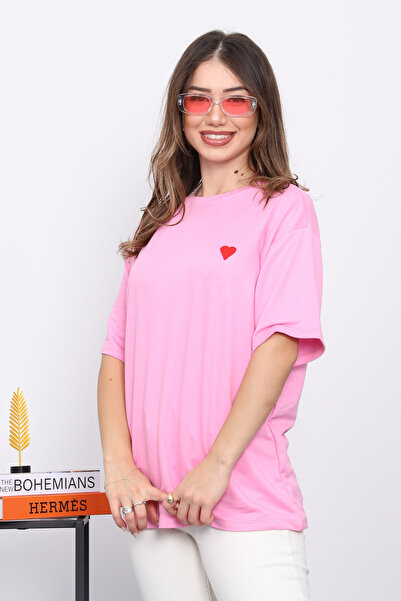 İmajButik Pink Embroidered Short Sleeve Modal T-Shirt