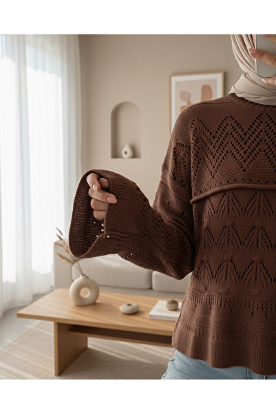Modamorfo حياكة دانتيل سترة تريكو بأكمام طويلة - بني