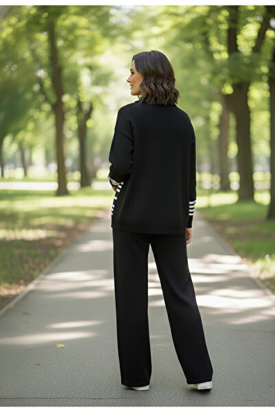 YusGos Women's Stripe Detailed Bottom Top Pants Sweater Knitwear Set