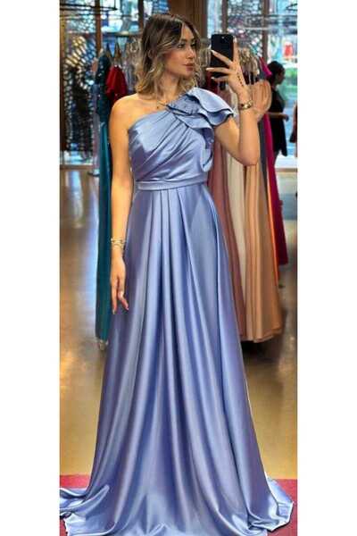 Abiyeniall İndigo Tek Omuzlu Kloş Etekli Saten Uzun Abiye Elbise 7501