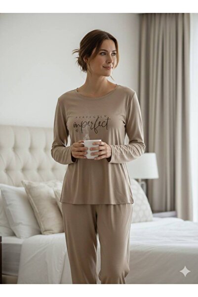 LİMİSSİ Women's Modal Fabric 100% Cotton Written Luxury Pajama Set