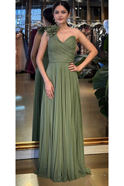 Abiyeniall Olive Tek Omuzlu Kloş Etekli Şifon Tül Uzun Abiye Elbise 11081-06