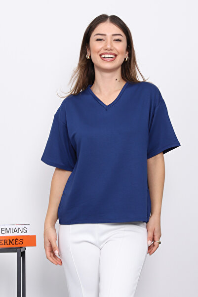 İmajButik Navy Blue V-Neck Short Sleeve T-Shirt