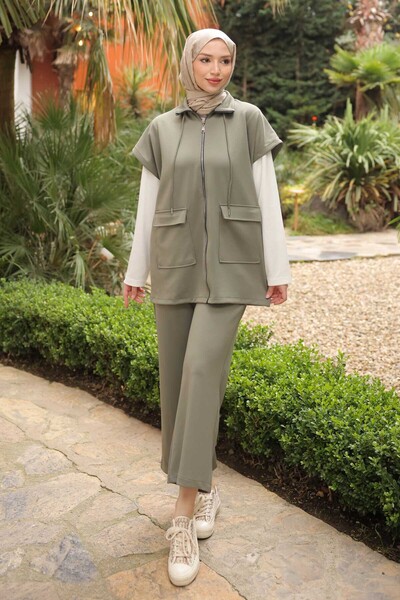 İmajButik Khaki Scuba Vest and Pants Three-Piece Set