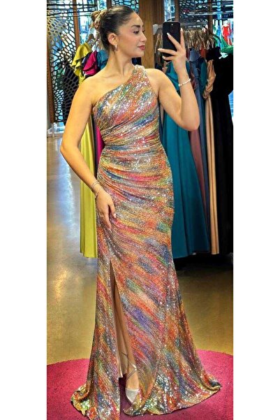 Abiyeniall Turuncu Tek Omuzlu Yırtmaçlı Düz Kesim Desenli Uzun Abiye Elbise 7473