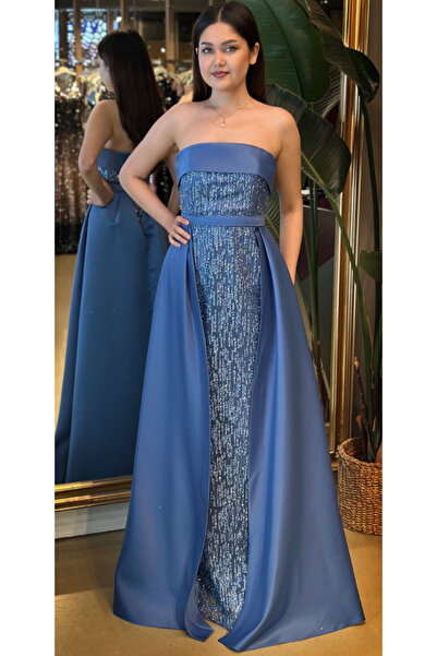 Abiyeniall İndigo Straplez Yaka Çıkarılabilir Kuyruklu Düz Kesim Simli Uzun A...