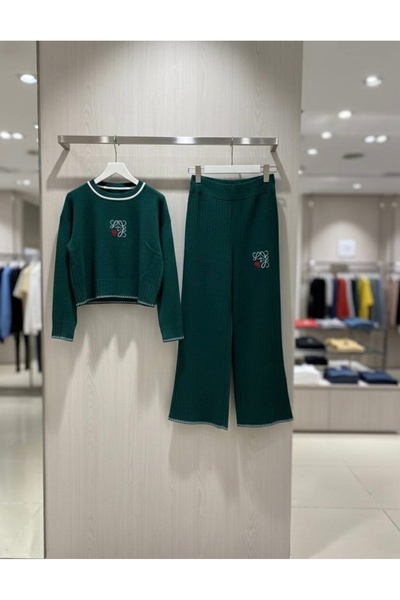 YusGos Women's Crew Neck Patterned Crop Sweater Pants Knitwear Top and Bottom Set