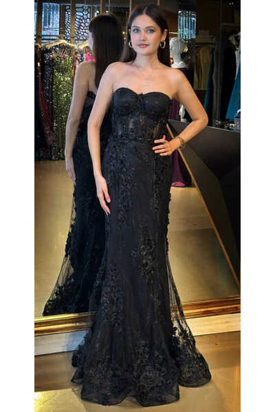 Abiyeniall Siyah Straplez Yaka Bel Dekolteli Düz Kesim Brode Tül Uzun Abiye E...