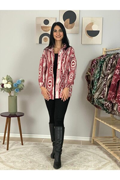 YusGos Women's Single Pocket Patterned Thick Lumberjack Jacket Shirt (Red-White) Standard Red