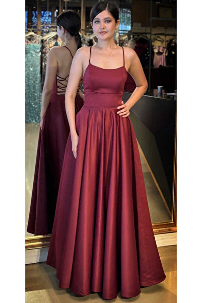 Abiyeniall Bordo İp Askılı Sırt Dekolteli Kloş Etekli Saten Uzun Abiye Elbise...