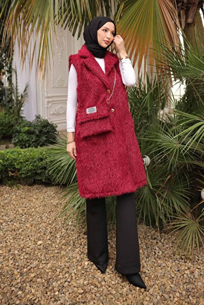 İmajButik سترة من الفرو القطيفة من نوع أنجورا مع حقيبة باللون الأحمر الداكن