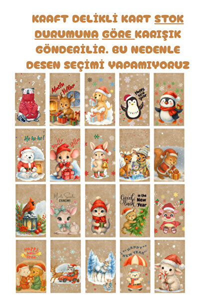 Dekals SET (Paket+Kart+İp) Büyük Boy Kraft Flat Saplı Hediye Poşeti + 1 Metre Süs İp + Yılbaşı Tebrik Kartı