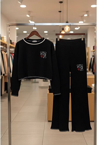 YusGos Women's Crew Neck Patterned Crop Sweater Pants Knitwear Top and Bottom Set