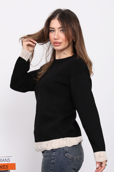 İmajButik Black Crew Neck Knit Sweater with Guipure Detail on Sleeves and Hem