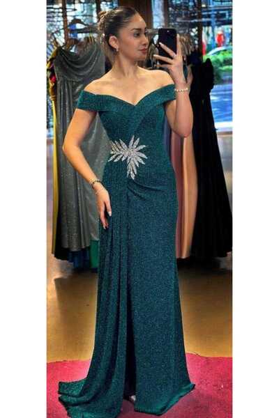 Abiyeniall Siyah Turkuaz Madonna Yaka Taş Detaylı Yırtmaçlı Düz Kesim Simli U...