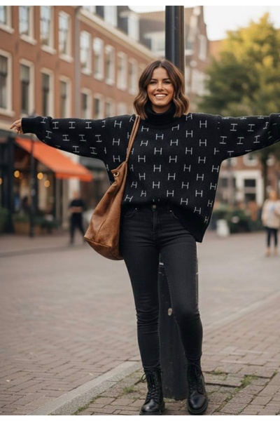 YusGos Women's Half Turtleneck Balloon Sleeve Oversized High Quality Winter Knitwear Sweater