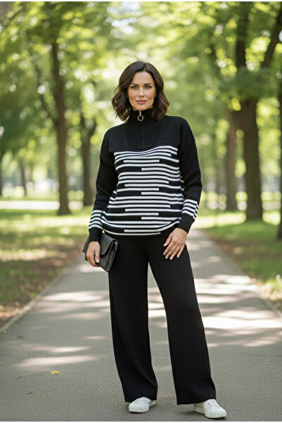 YusGos Women's Stripe Detailed Bottom Top Pants Sweater Knitwear Set