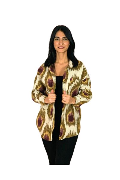 YusGos Women's Single Pocket Patterned Thick Lumberjack Jacket Shirt (Flame Pattern) Standard Yellow