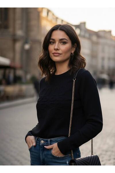 YusGos Women's Crew Neck Steel Mesh Pattern Embroidered High Quality Knitwear Crop Sweater