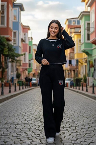 YusGos Women's Crew Neck Patterned Crop Sweater Pants Knitwear Top and Bottom Set