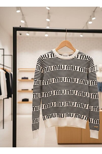 YusGos Women's Crew Neck Steel Mesh Striped Lettering High Quality Knitwear Sweater