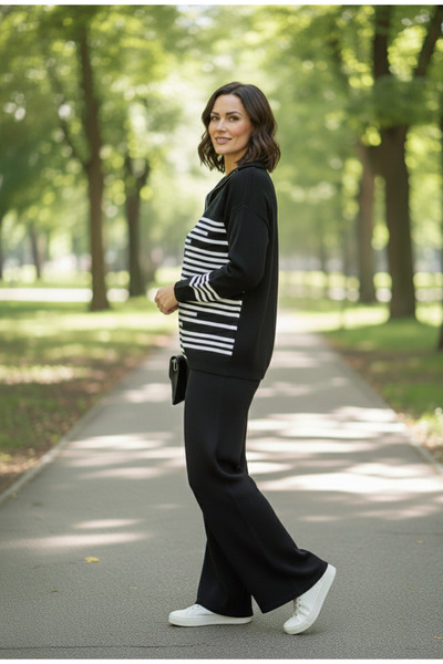 YusGos Women's Stripe Detailed Bottom Top Pants Sweater Knitwear Set