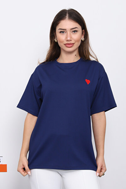 İmajButik Navy Blue Embroidered Short Sleeve Modal T-Shirt
