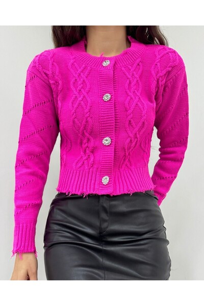 Modamorfo Kőgombos, szakadt kivágású kardigán - fukszia