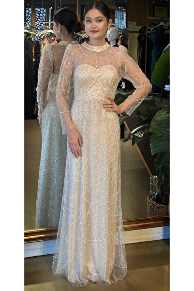 Abiyeniall Bej Yuvarlak Yaka Uzun Kollu Düz Kesim Pullu Boncuklu Uzun Abiye E...