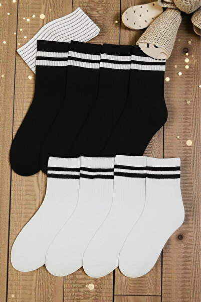İbrahim Berk 8 чифта унисекс черно-бели раирани колежански чорапи, памук, опаковка от 8 броя