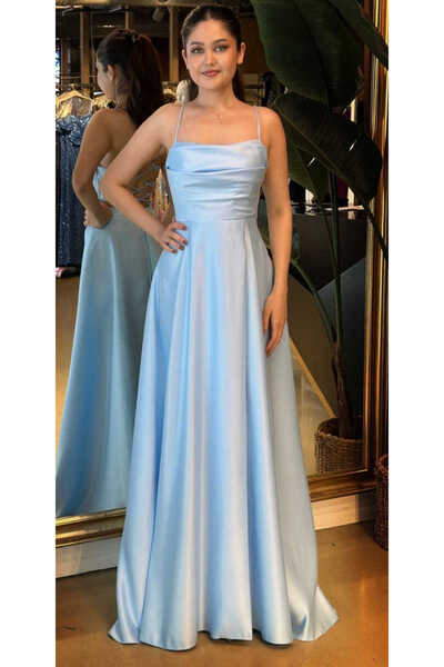 Abiyeniall Mavi İp Askılı Sırt Dekolteli Kloş Etekli Saten Uzun Abiye Elbise ...