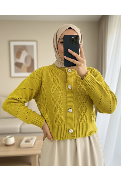 Modamorfo Κροπ ζακέτα με σχισμένο πέτο με πέτρινα κουμπιά - Πράσινο λαδί