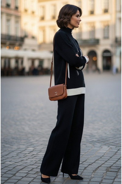 YusGos Women's Vertical Stripe Patterned Zippered Collar Bottom Top Pants Sweater Knitwear Set