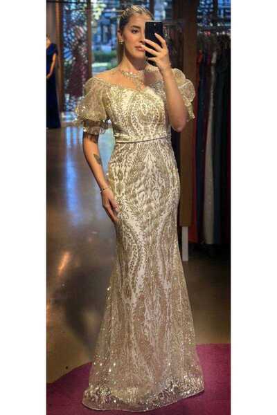 Abiyeniall Beyaz  Balon Kollu Dantel Detaylı  Düz Kesim Simli Uzun Abiye Elbi...