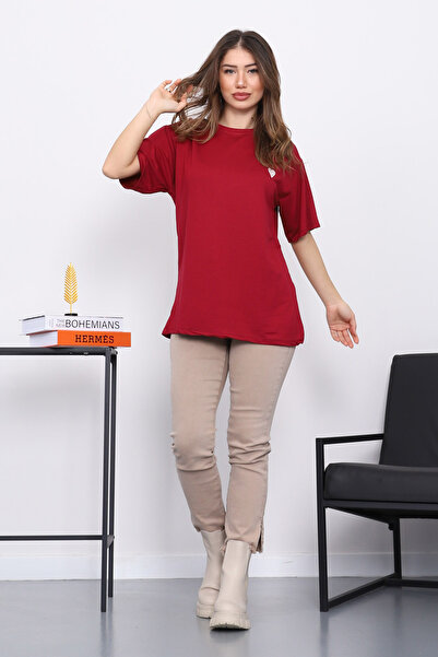 İmajButik Burgundy Embroidered Short Sleeve Modal T-Shirt