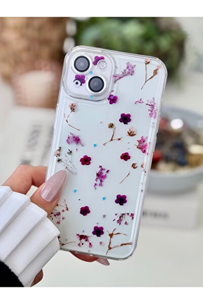 Go Aksesuar Iphone 13 Ve 14 Uyumlu Mor Çiçek Şeffaf Baskı Desenli Silikon Kılıf