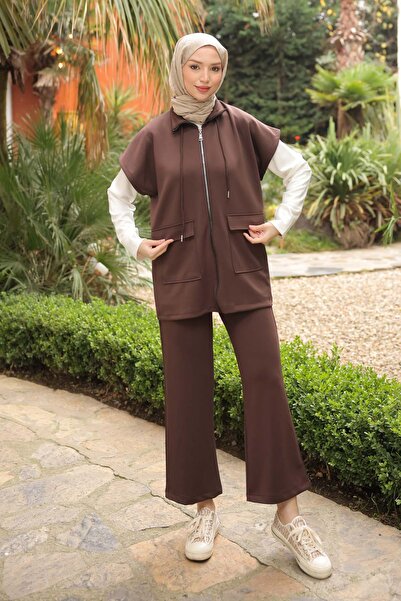 İmajButik Brown Scuba Vest Pants Three Piece Set