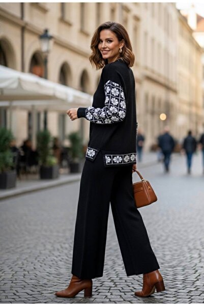 YusGos Women's Clover Patterned Top and Bottom Pants Sweater Knitwear Set