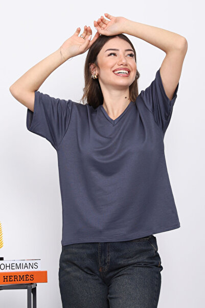 İmajButik Smoked V-Neck Short Sleeve T-Shirt