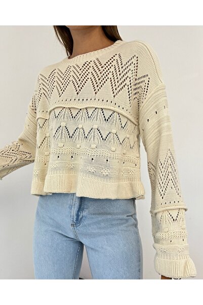 Modamorfo Ажурний светр з довгими рукавами та помпонами - Екрю